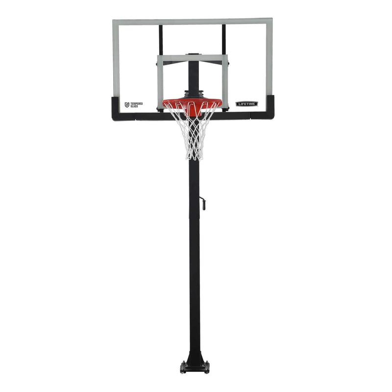 Lifetime Adjustable In-Ground Bolt Down Outdoor Basketball Hoop with 60-in Tempered Glass, Hoop & Net System I0