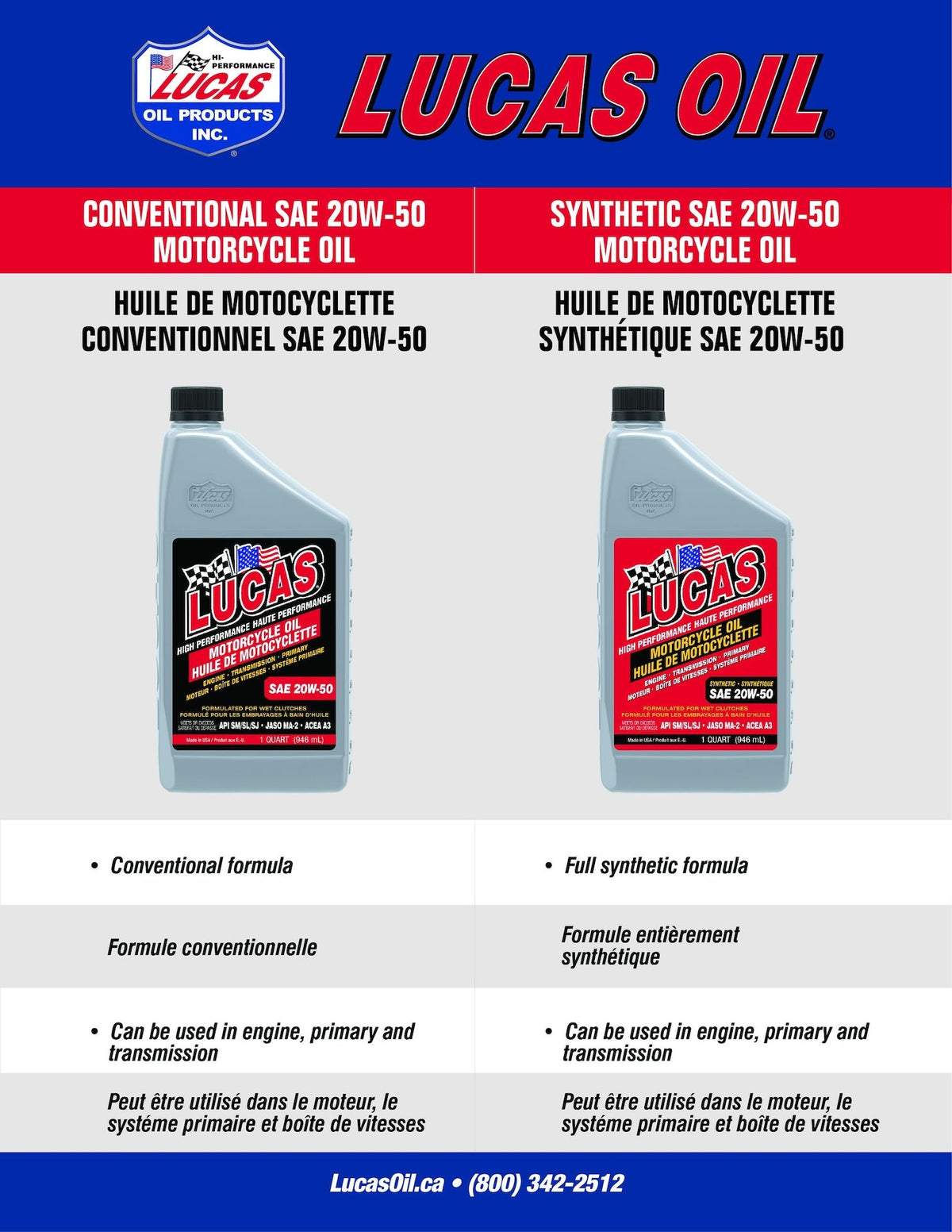 Lucas SAE 20W-50 High Performance Motorcycle Oil, 946-mL