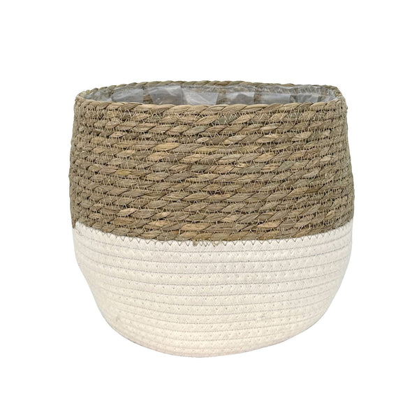 Lynne Weave Cotton Jute Round Basket Planter with Leaf-Proof Plastic Lining, 10-in M9