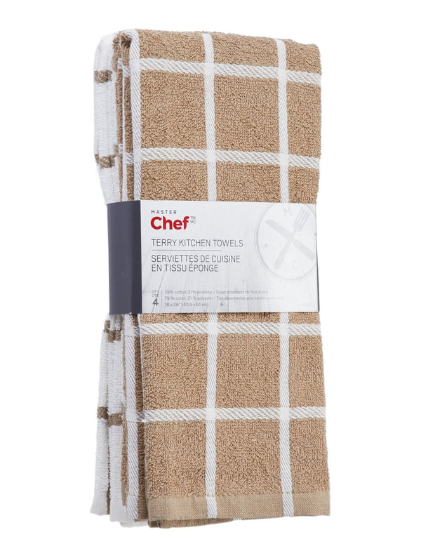 MASTER Chef Terry Cotton Checkered Kitchen Towels, Reusable, 16-in x 26-in, 4-pk, Brown/White I1