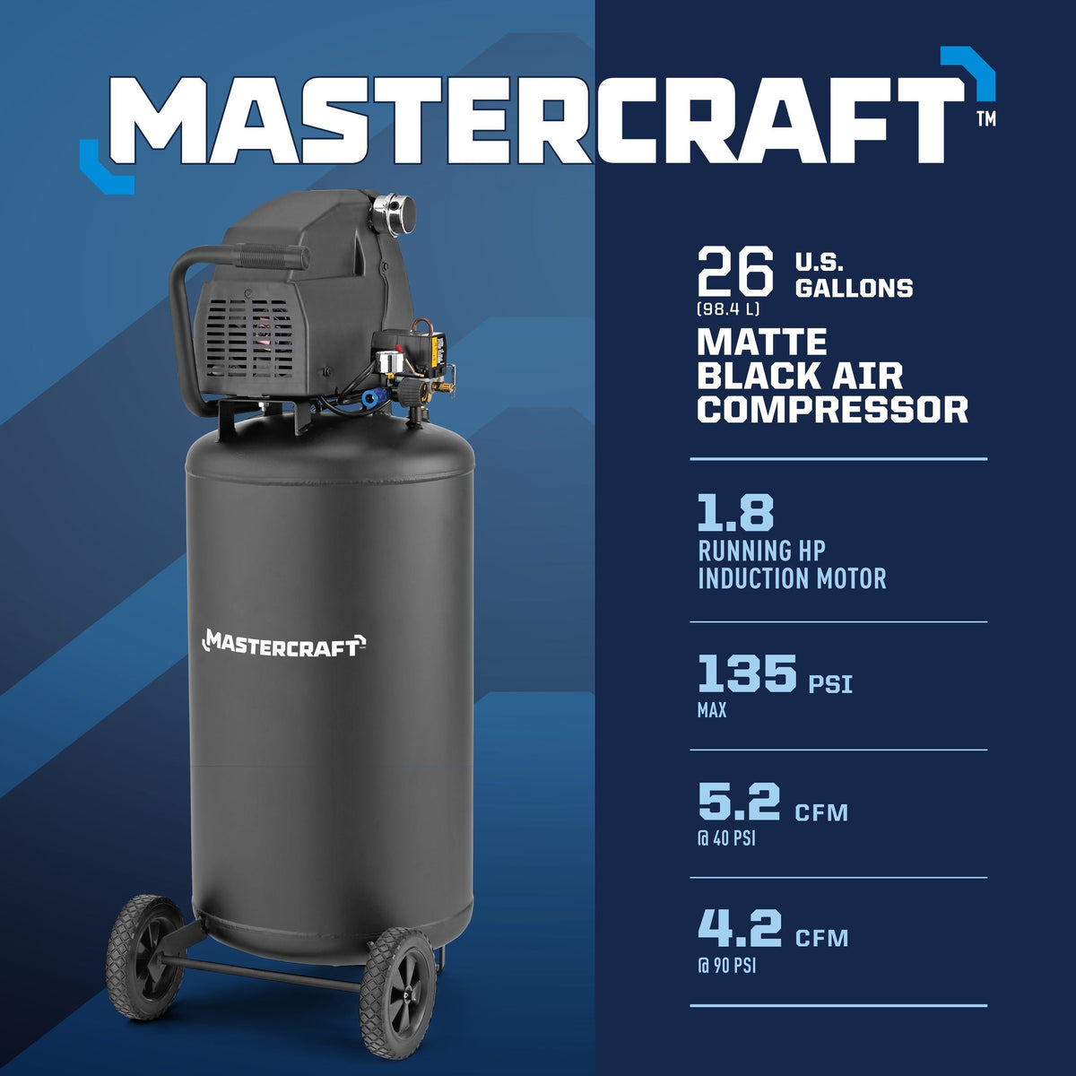 Mastercraft 26-Gallon Oil-Free Portable Vertical Air Compressor, Matte Black, 135 PSI, 1.8HP