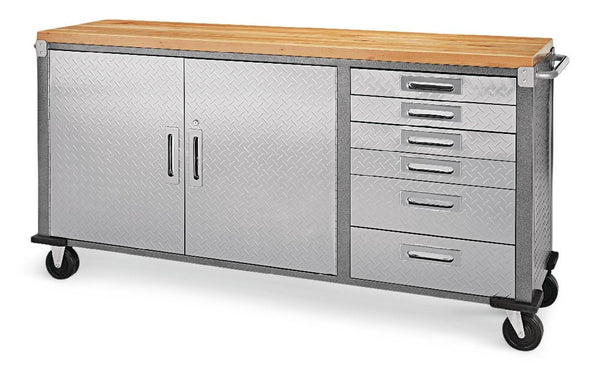 Mastercraft 72" Diamond Series 2-Door, 6-Drawer Wooden Top Work Station with Wheels, 72 x 21-5/8 x 37-1/2-in R8