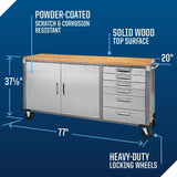 Mastercraft 72" Diamond Series 2-Door, 6-Drawer Wooden Top Work Station with Wheels, 72 x 21-5/8 x 37-1/2-in