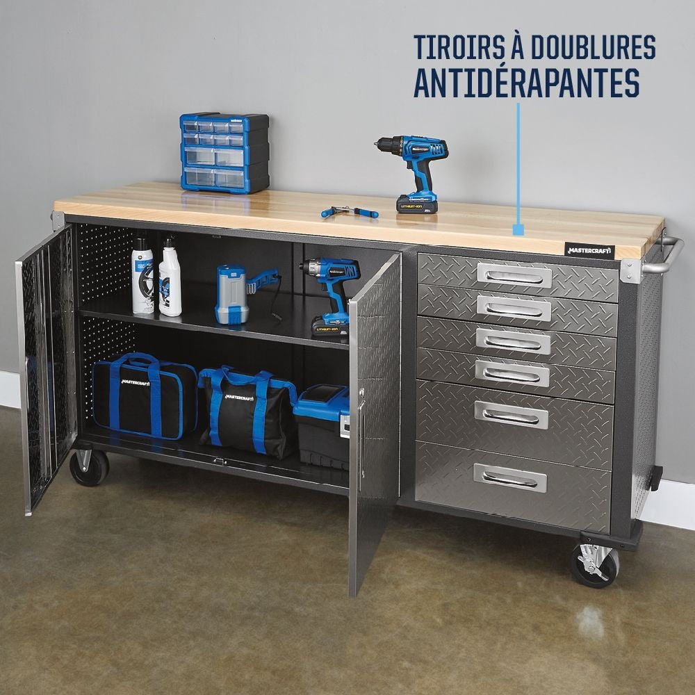 Mastercraft 72" Diamond Series 2-Door, 6-Drawer Wooden Top Work Station with Wheels, 72 x 21-5/8 x 37-1/2-in