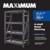MAXIMUM Adjustable 4-Shelf Heavy Duty Steel Metal Storage Rack / Shelving Unit, 48 x 24 x 72-in
