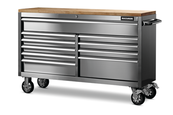 MAXIMUM Butcher Block Top Rolling Tool Storage Cabinet with 10 Drawers, Stainless Steel, 56-in V9