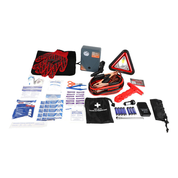 MotoMaster Executive Safety Kit with Booster Cables, Air Compressor & LED Flares T7