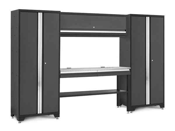 NewAge Bold 3.0 Series Lockable Steel Garage Cabinetry Set with Stainless Steel Top, Grey, 120-in x 18-in x 72-in, 5-pc A4