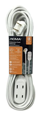 NOMA 15-ft 16/2 Indoor Extension Cord, 3 Outlets, Flat Plug, White