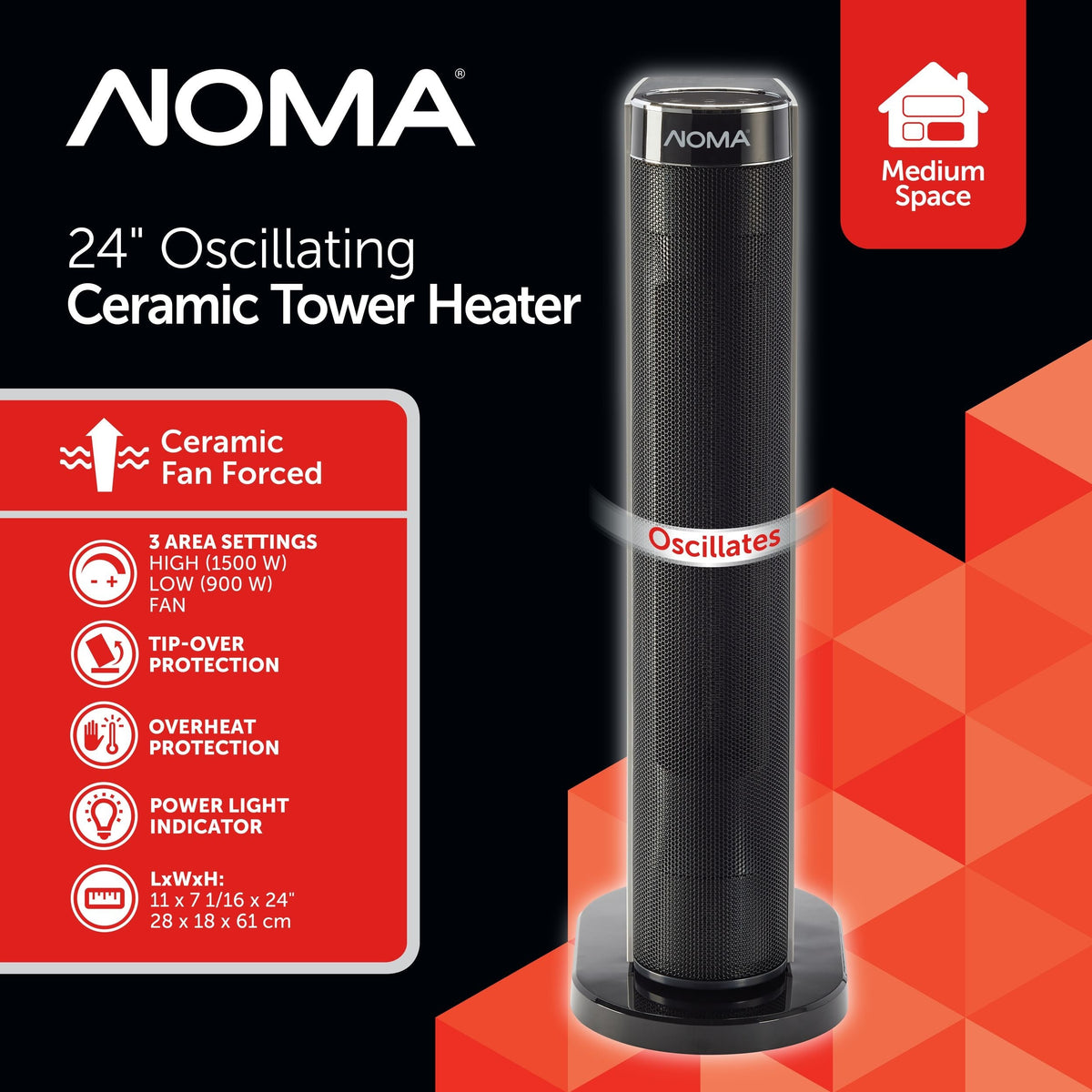 NOMA Digital Tower Ceramic Heater withRemote Control & Thermostat, 1500W, White, 24-in