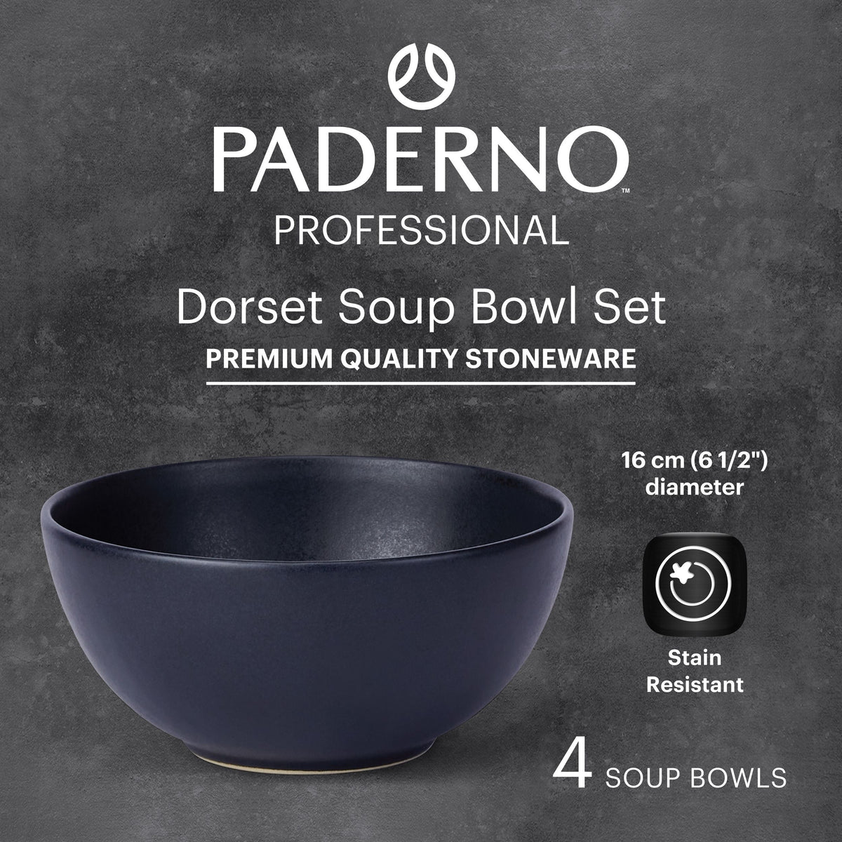 Paderno Dorset All-Purpose Stoneware Bowl, Oven Safe, 4-pk, Black Reactive