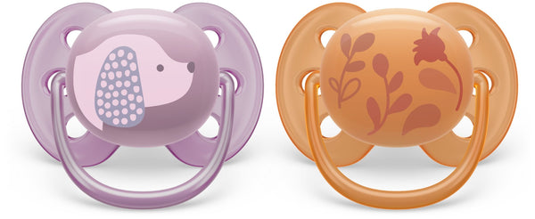 Philips Avent Ultra Soft Pacifier, 6-18 Months, Violet Puppy & Orange Leaves, 2-pk W9