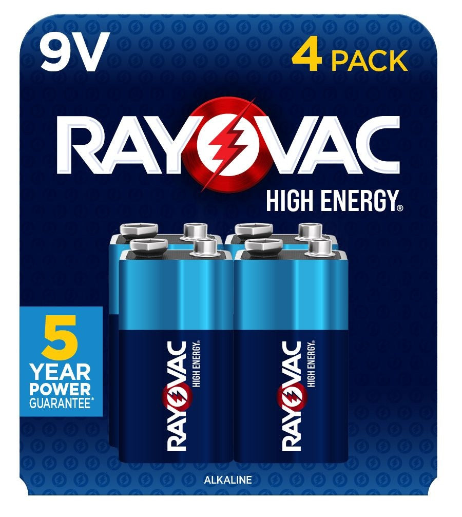 Rayovac HIGH ENERGY 9V/9 Volt Alkaline Batteries, Long Lasting, All Purpose, 4-pk