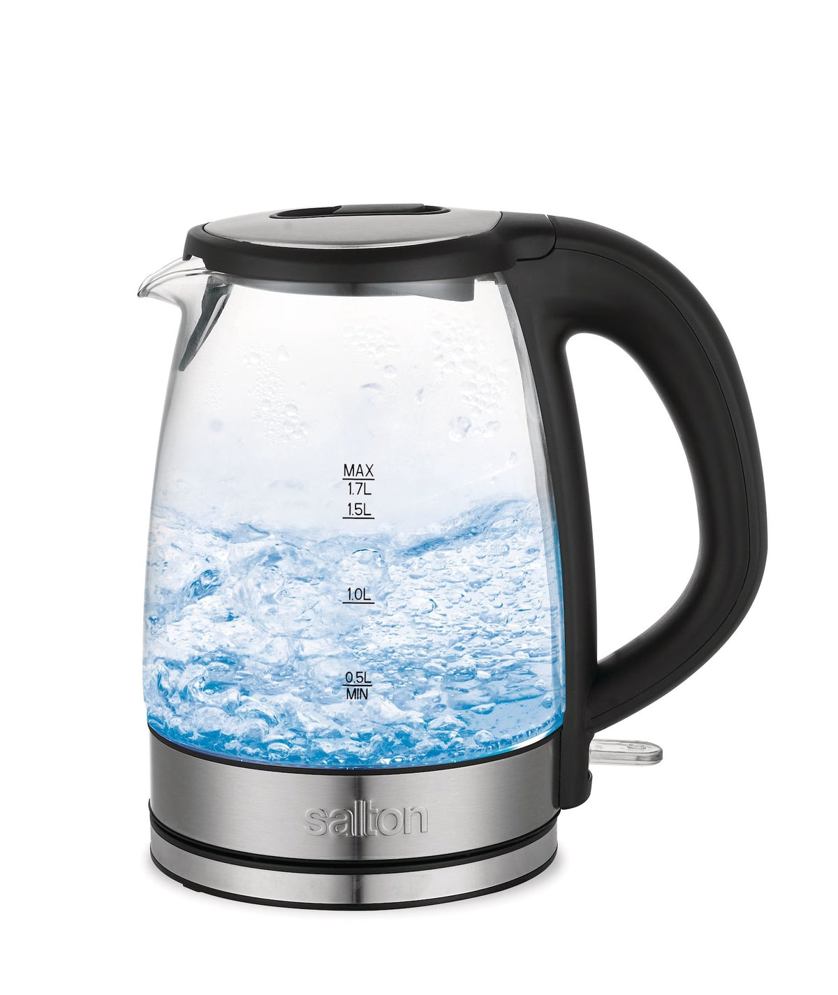 Salton Cordless Electric Glass Kettle with Auto Shut Off, Black/Stainless Steel, 1.7-L