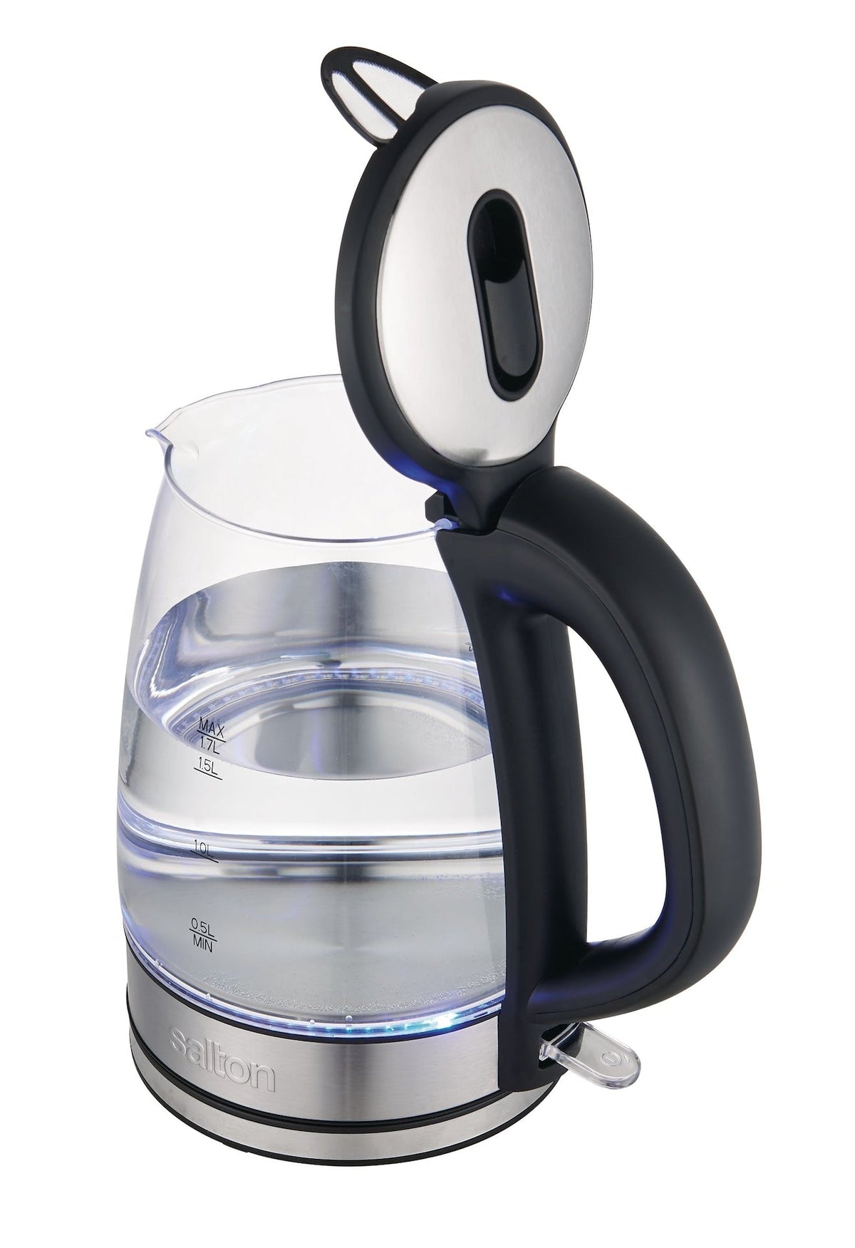 Salton Cordless Electric Glass Kettle with Auto Shut Off, Black/Stainless Steel, 1.7-L