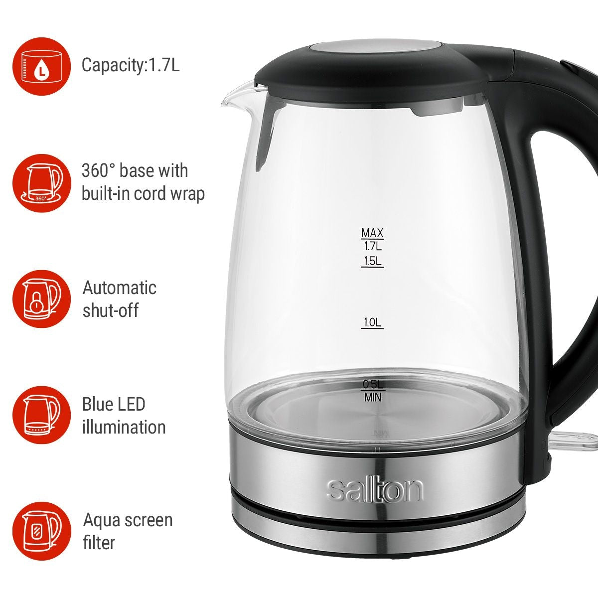 Salton Cordless Electric Glass Kettle with Auto Shut Off, Black/Stainless Steel, 1.7-L