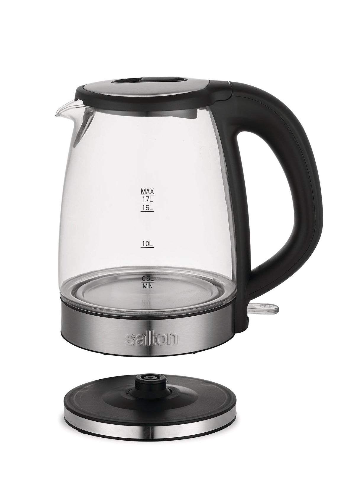 Salton Cordless Electric Glass Kettle with Auto Shut Off, Black/Stainless Steel, 1.7-L