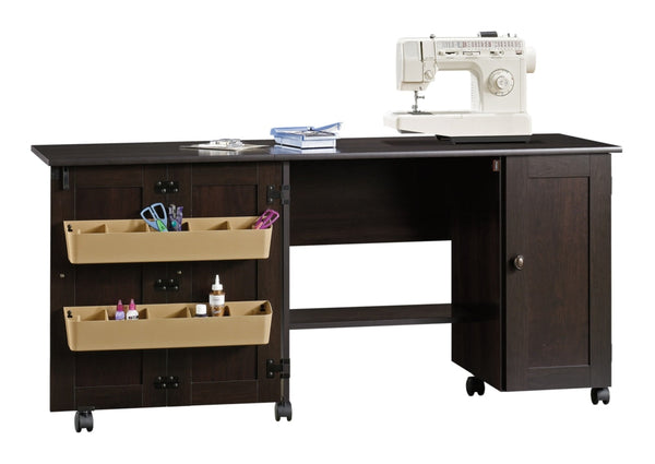 Sauder Folding Sewing & Craft Table/Storage Cart with Locking Wheels, Cinnamon Cherry Finish F5