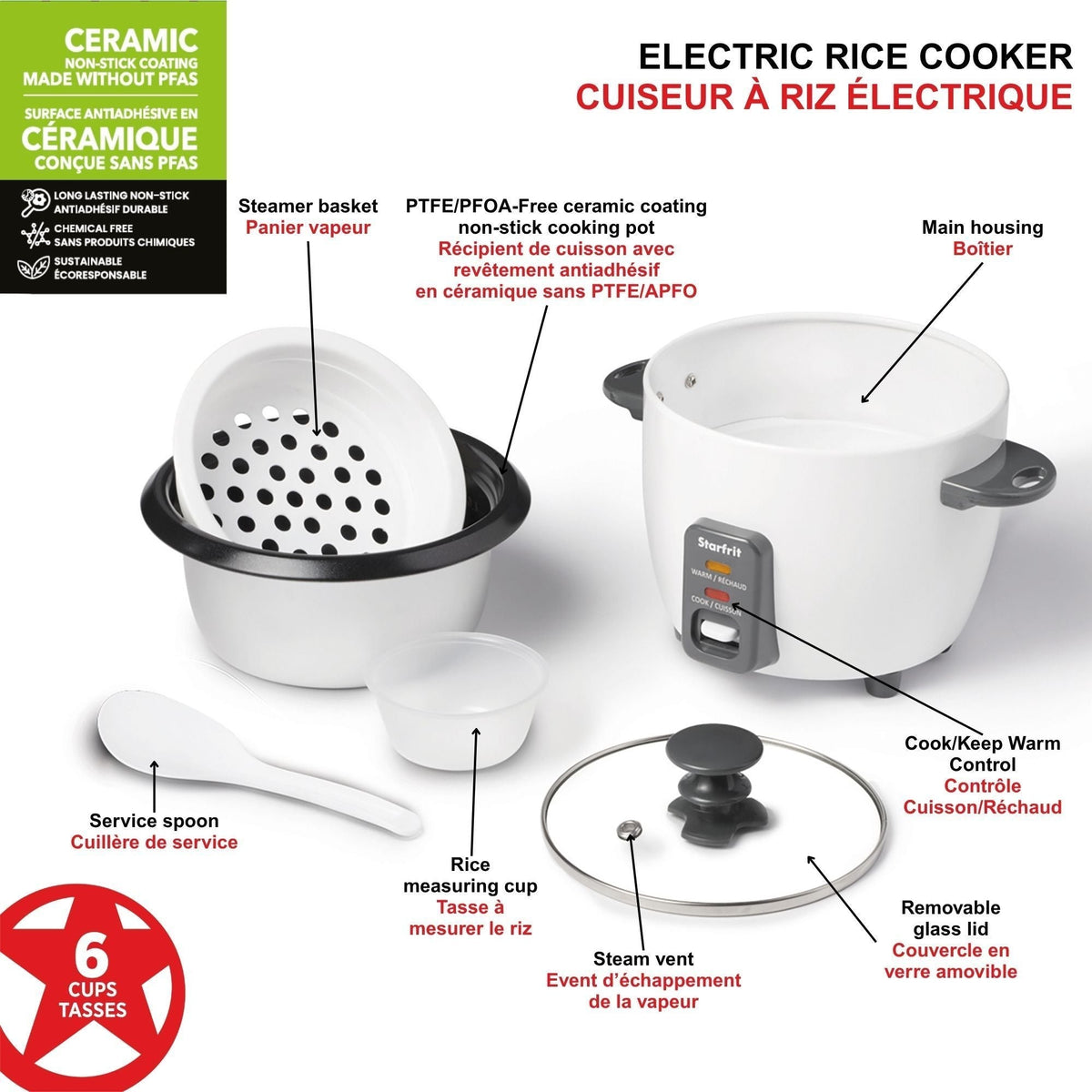 Starfrit 300W 6-Cup White Rice Cooker with Steam Basket