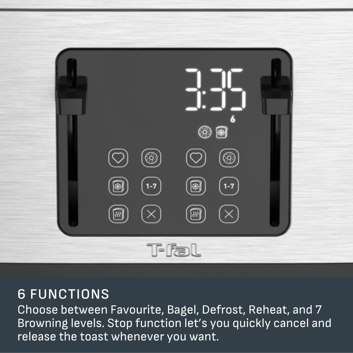 T-fal 4-Slice Stainless Steel Digital Toaster, Extra wide slots, 7 Browning levels