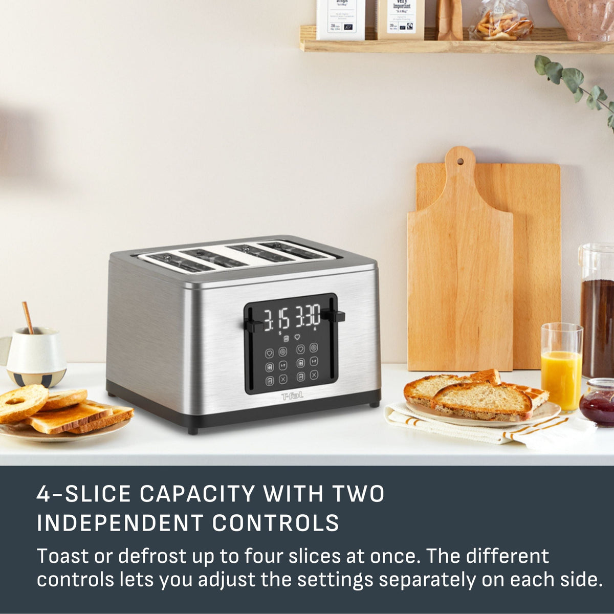 T-fal 4-Slice Stainless Steel Digital Toaster, Extra wide slots, 7 Browning levels