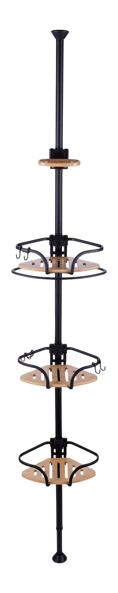 Type A 3-Tier Adjustable Rustproof Aluminum Shower Pole Caddy with Bamboo Trim, Matte Black