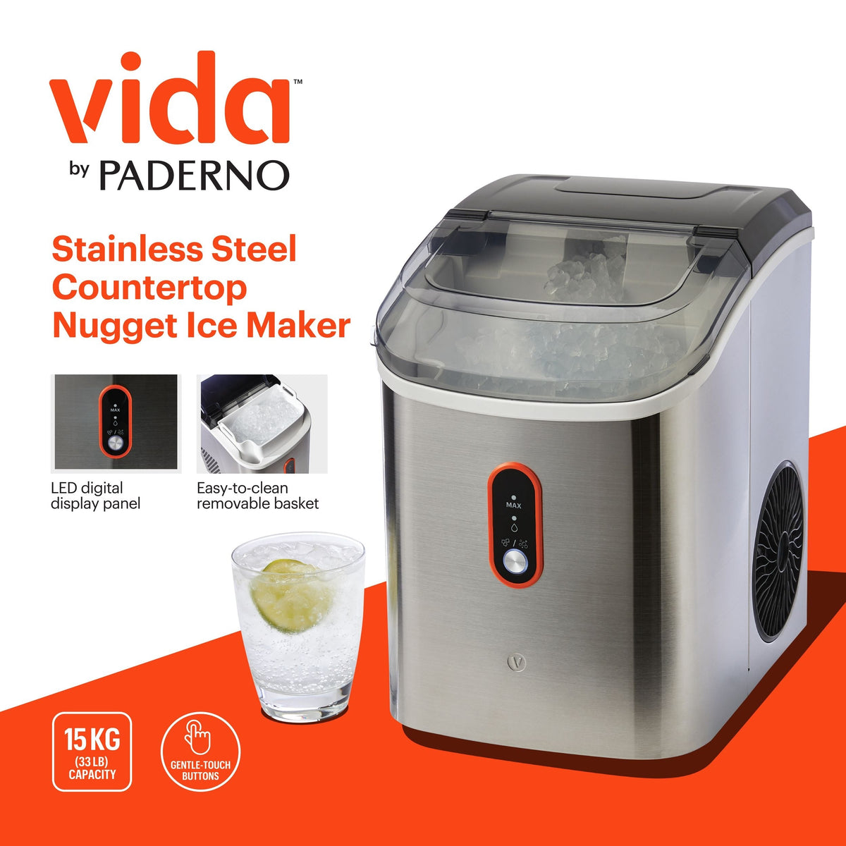 Vida by PADERNO Countertop Soft Nugget Ice Maker, 33-lb Ice/Day, Stainless Steel