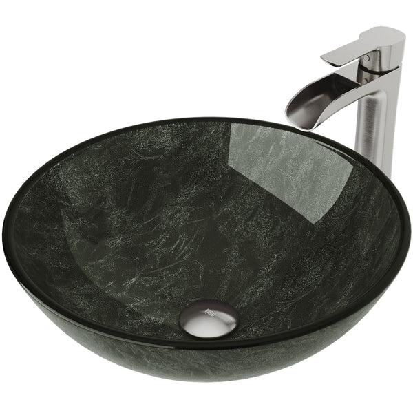 VIGO Glass Grey Onyx Bathroom Sink/Basin Set with Niko Faucet and Round Vessel W2