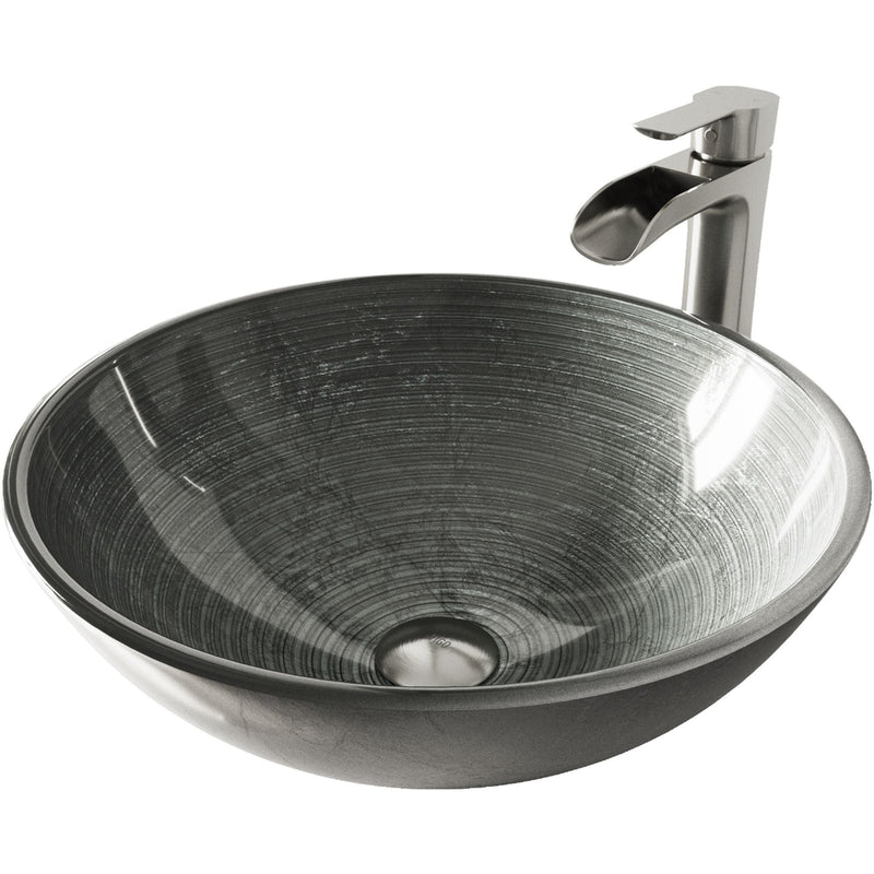 VIGO Glass Simply Silver Bathroom Sink/Basin Set with Niko Faucet and Round Vessel K6