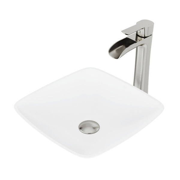 VIGO Hyacinth MatteStone White Bathroom Sink/Basin Set with Niko Faucet and Square Composite Vessel D7