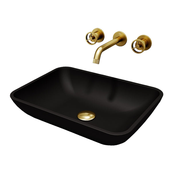 VIGO Sottile MatteShell Matte Black Bathroom Sink/Basin Set with Cass Wall Mount Faucet and Glass Rectangular Vessel Z8