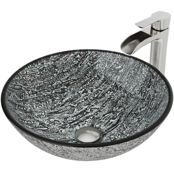 VIGO Titanium Glass Slate Grey Bathroom Sink/Basin Set with Niko Faucet and Round Vessel X7