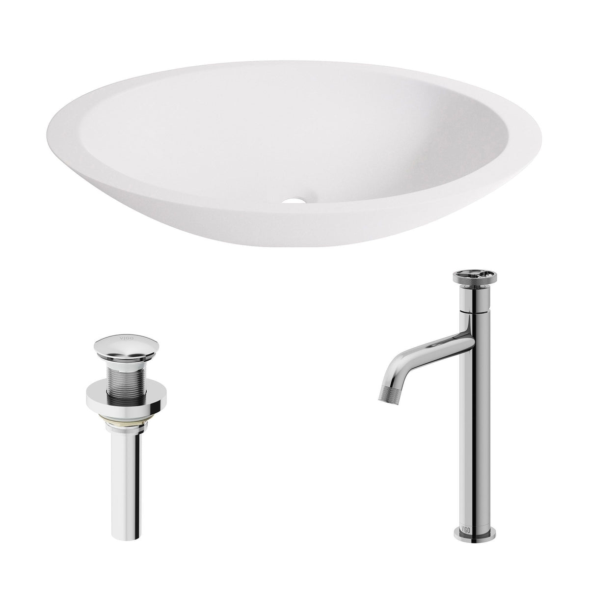 VIGO Wisteria MatteStone White Bathroom Sink/Basin Set with Cass Faucet and Oval Composite Vessel
