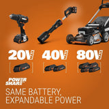 Worx WG934 Power Share 2x20V 2-in-1 Combo Kit, WG779 40V Cordless Mower, 14-in + WG163.9 20V Cordless Grass Trimmer/Edger, 12-in