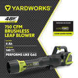 Yardworks 48V Lithium Ion Max Brushless AeroForce 2.0 750 CFM Leaf Blower Kit with (1) 4.0Ah Battery & (1) 2.0A Charger