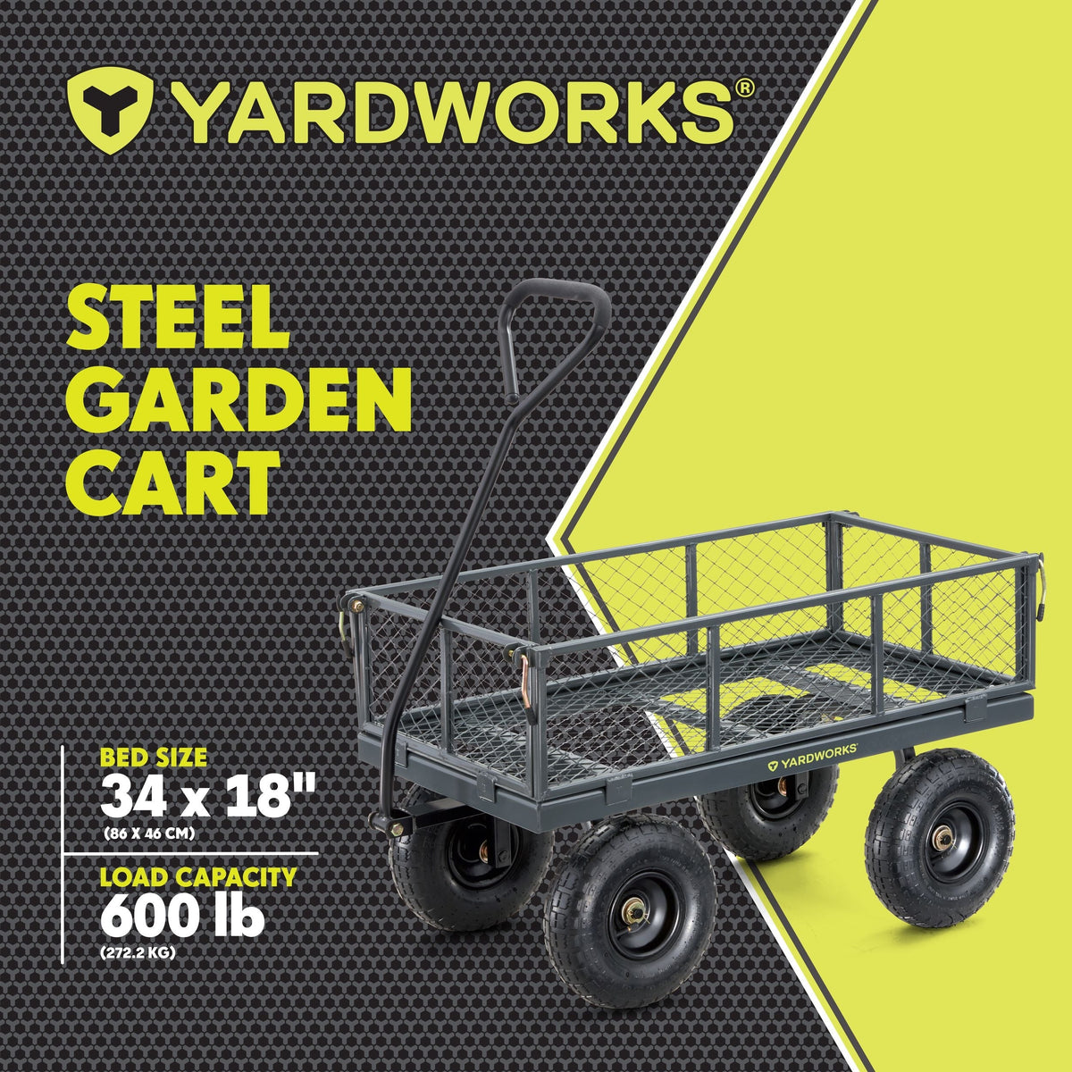 Yardworks Steel Tray 4-Wheel Removable-Sides Mesh Yard/Garden Cart 600 lb